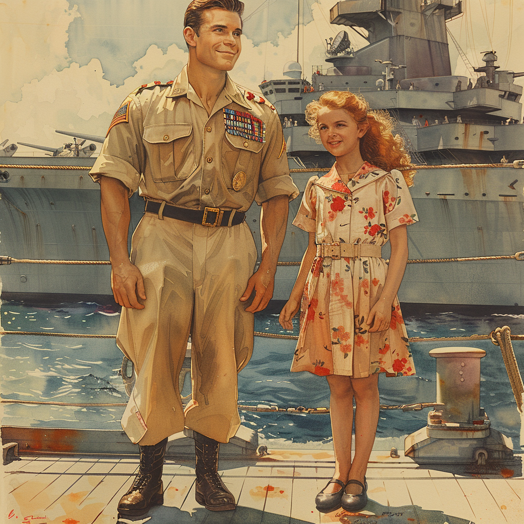 A man in Navy uniform with girl on ship.