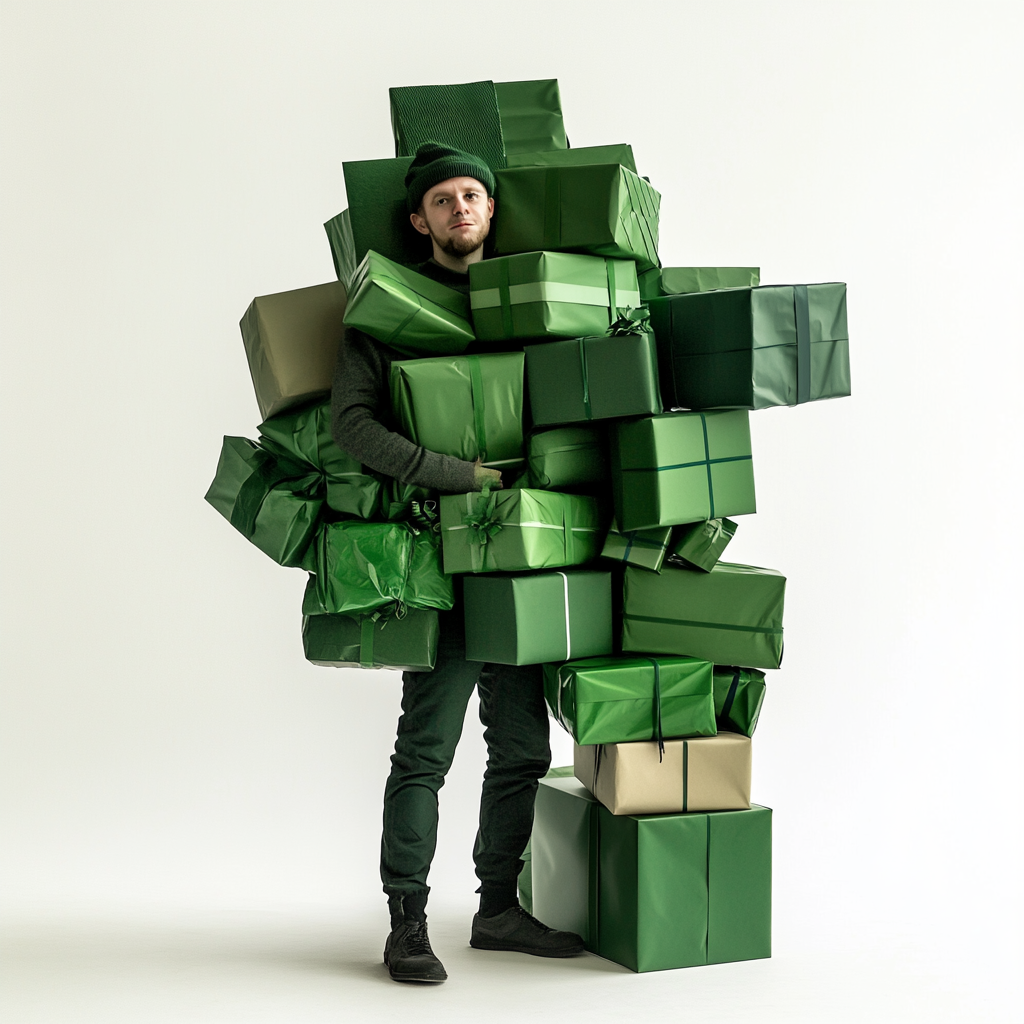 A man in Riga holds giant green gifts