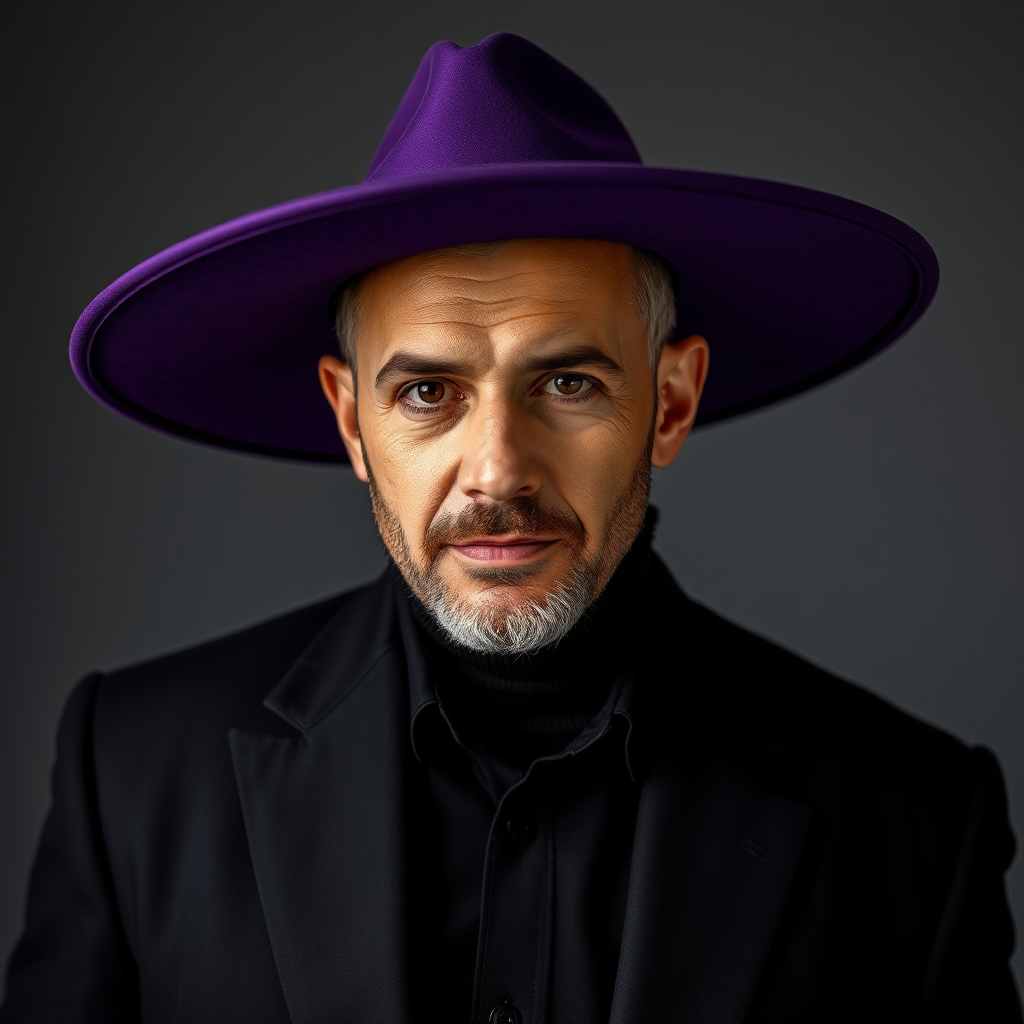 A man in a black outfit with a purple hat.