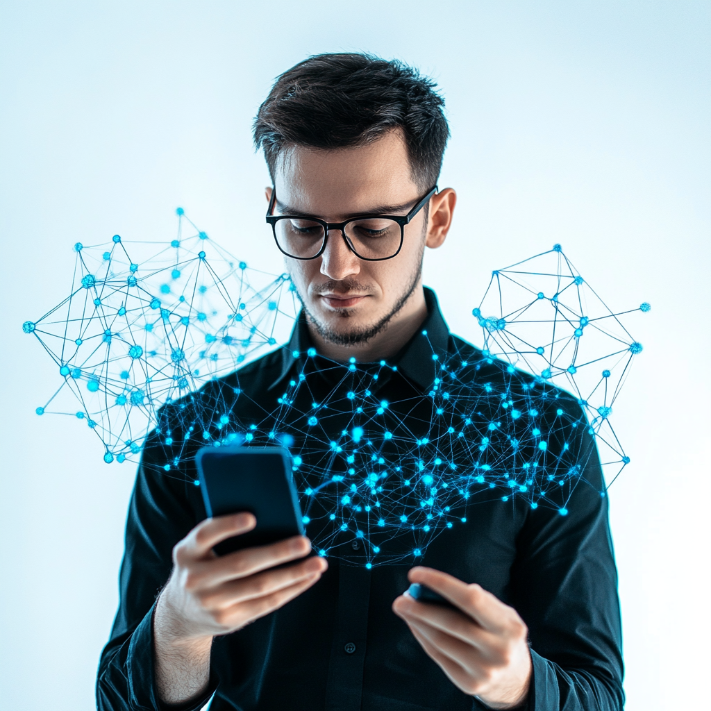 A man in a black shirt with glasses using phone.