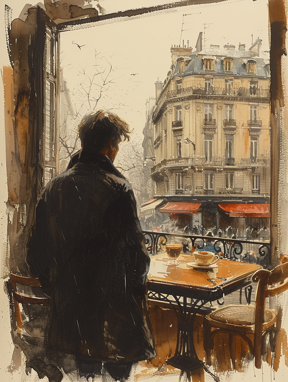 A man in a cafe looking at rain