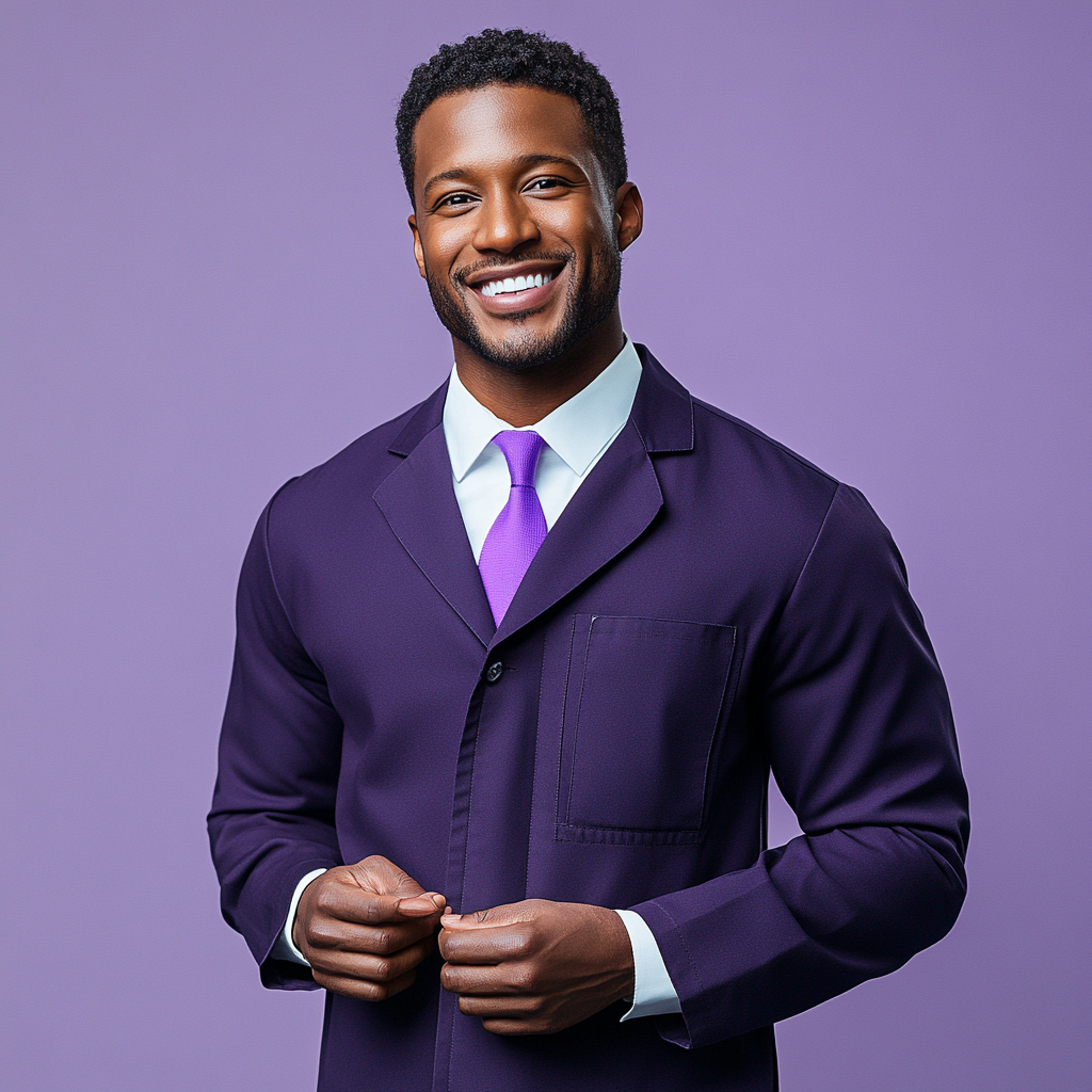 A man in a purple lab coat smiling