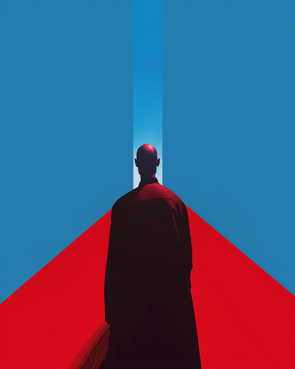 A man in a red road with blue light.