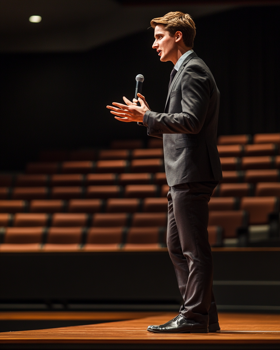 A man in a suit speaking on stage