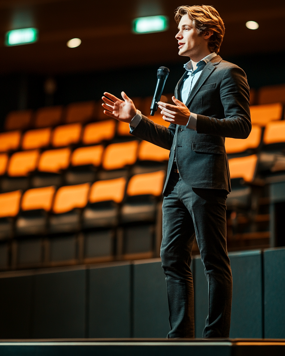 A man in a suit speaks on stage