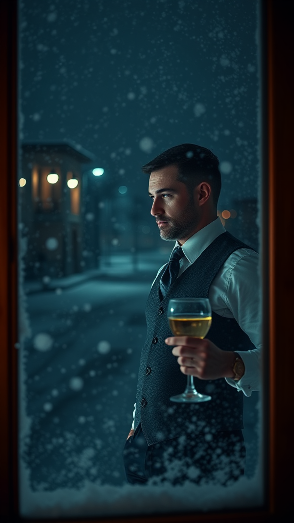 A man in a tie watches snow from window.