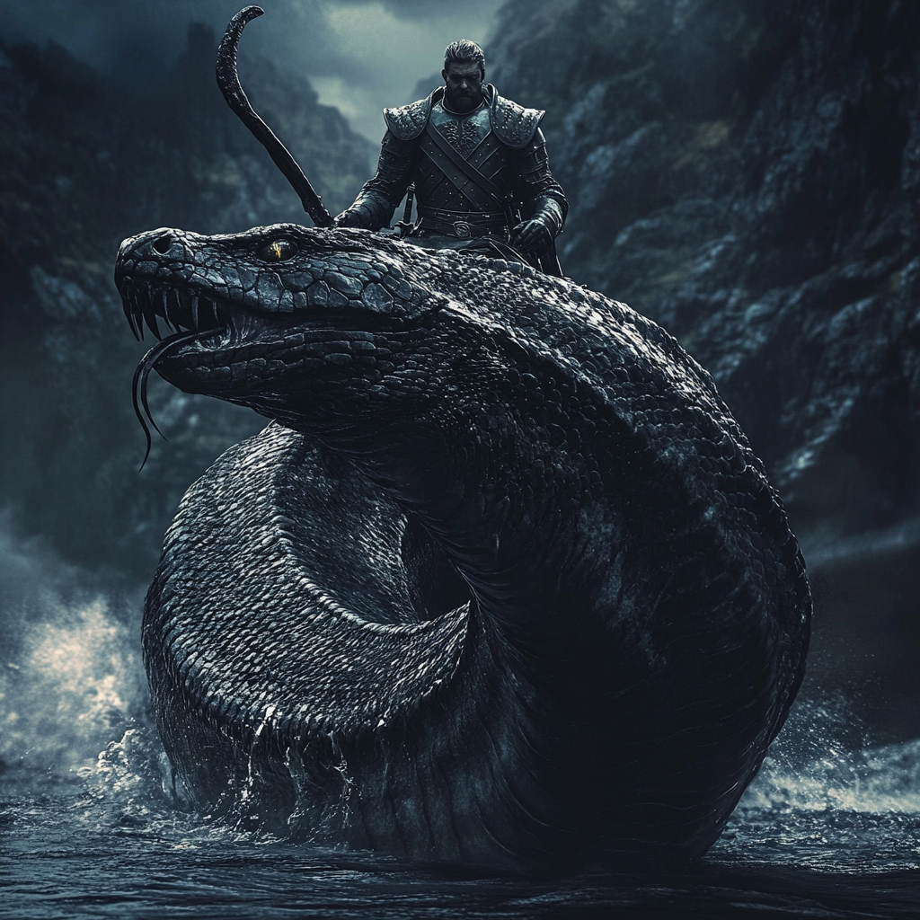 A man in armor rides giant, menacing snake.