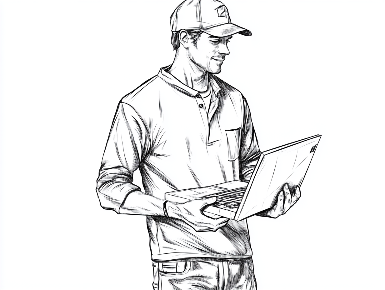 A man in baseball hat holds laptop & box.