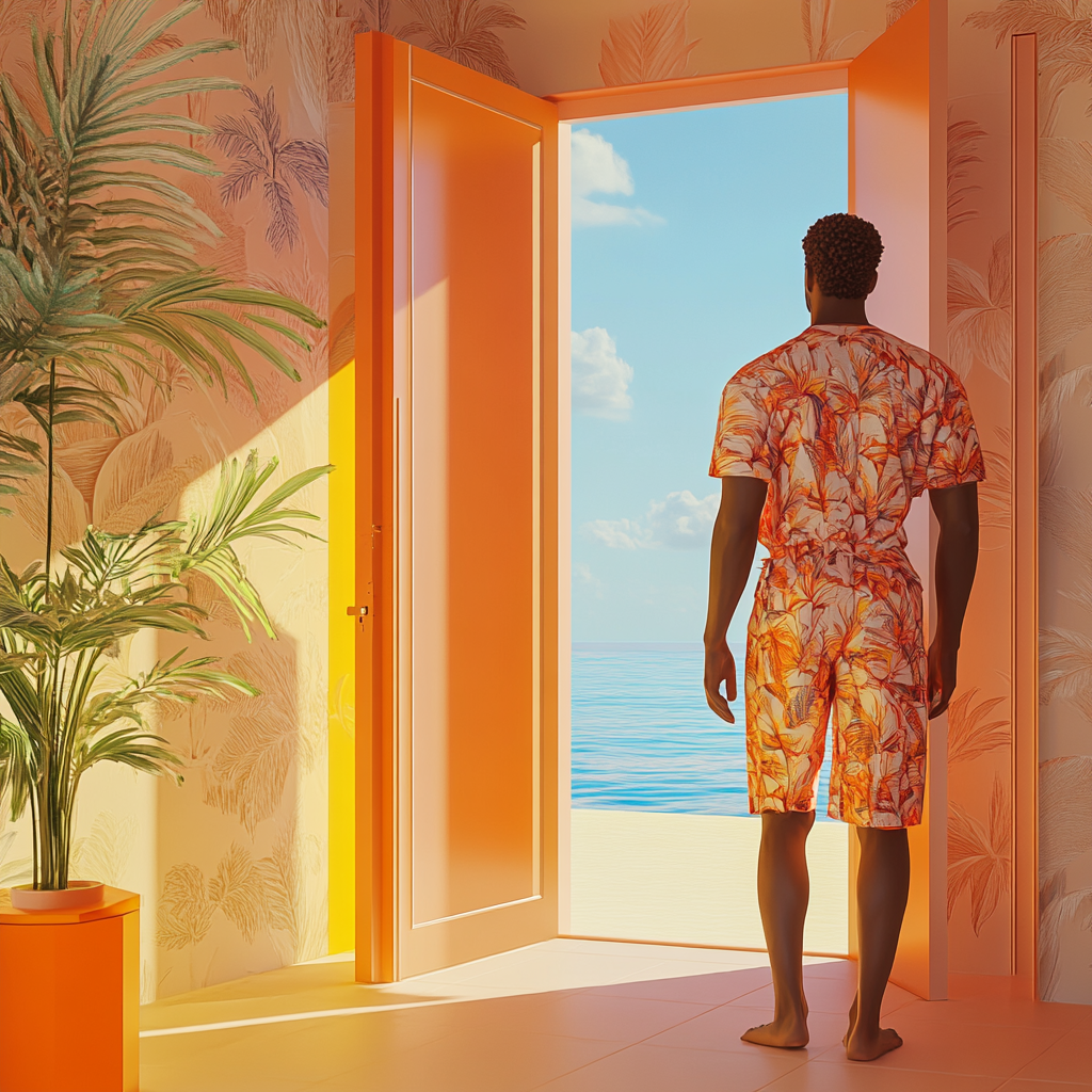 A man in beach attire opening door