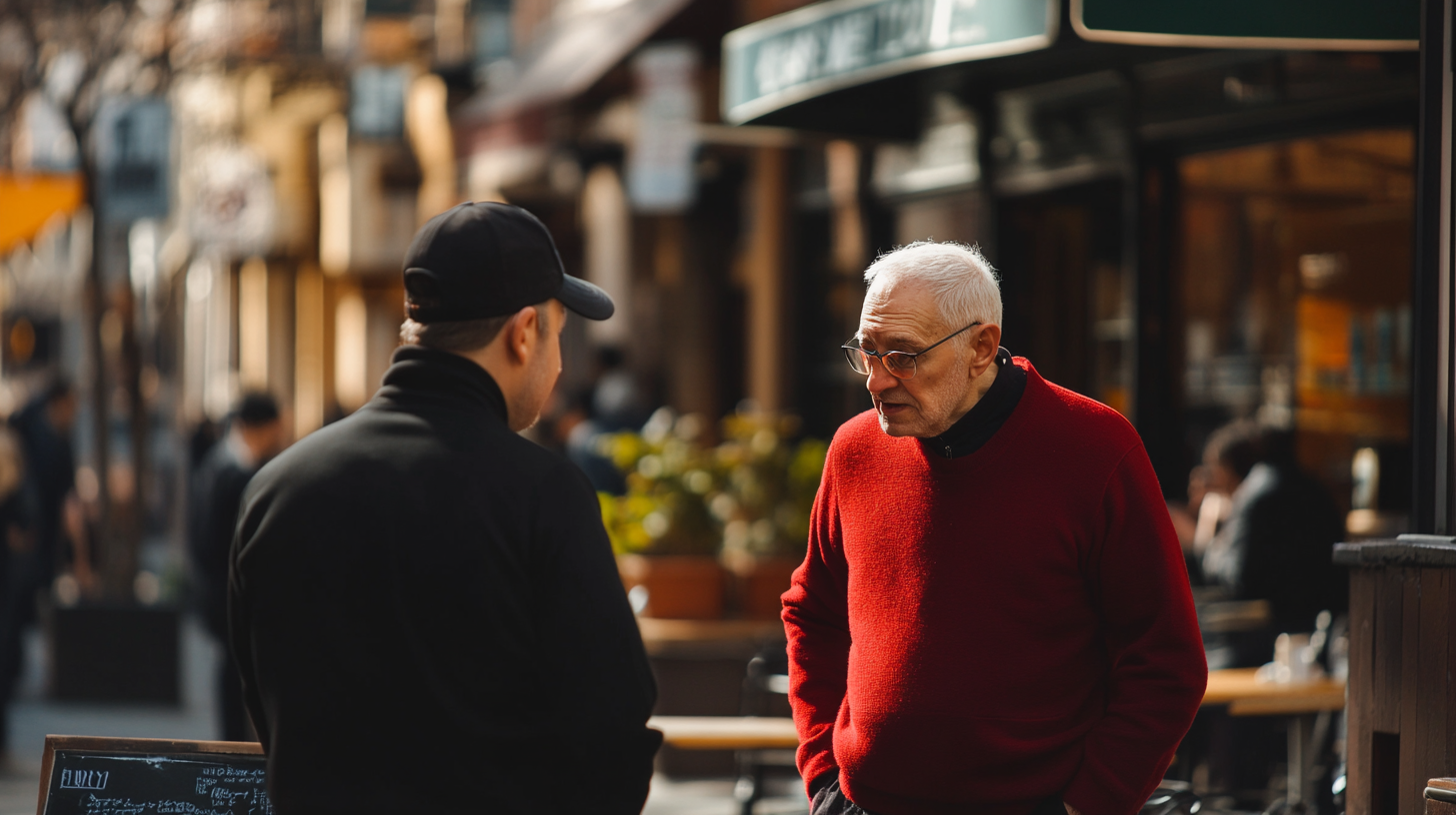 A man in black asking old man in red