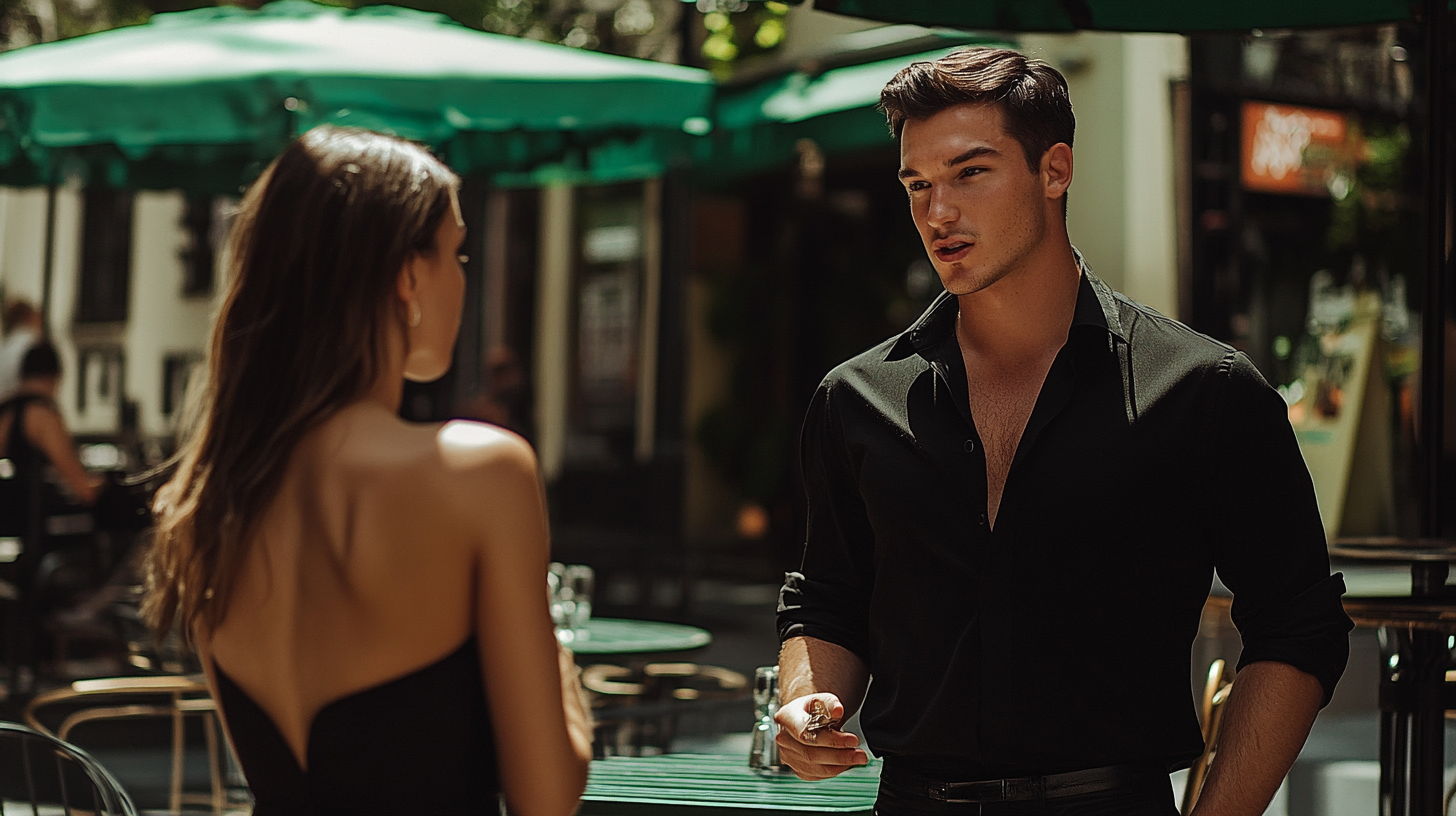 A man in black asks New York woman.