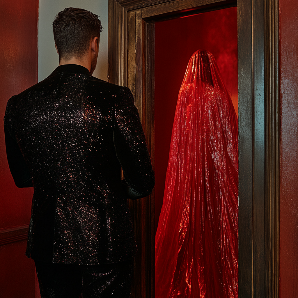 A man in black sequin suit peeping through door.