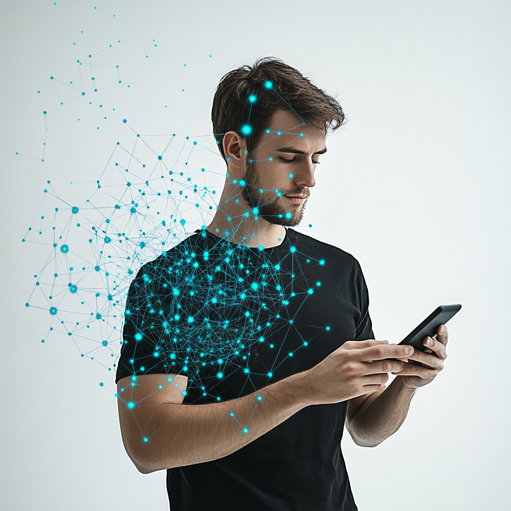 A man in black shirt looks at phone.