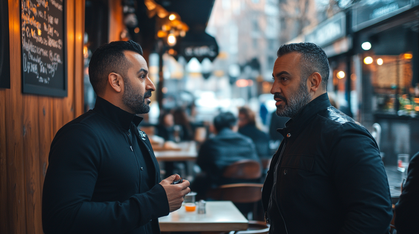 A man in black talking to NYC man.