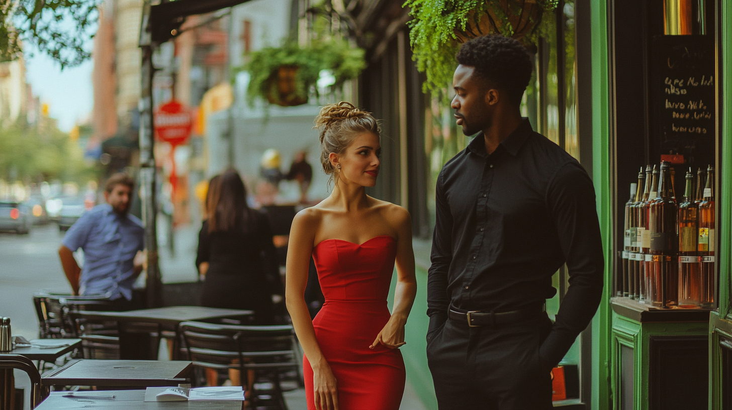 A man in black talking to woman in red.