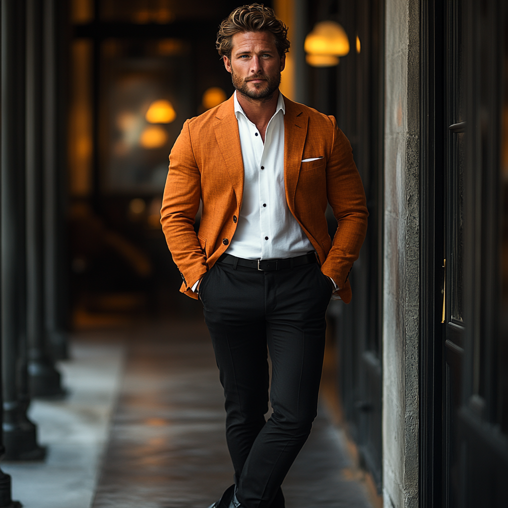 A man in burnt orange blazer and black pants