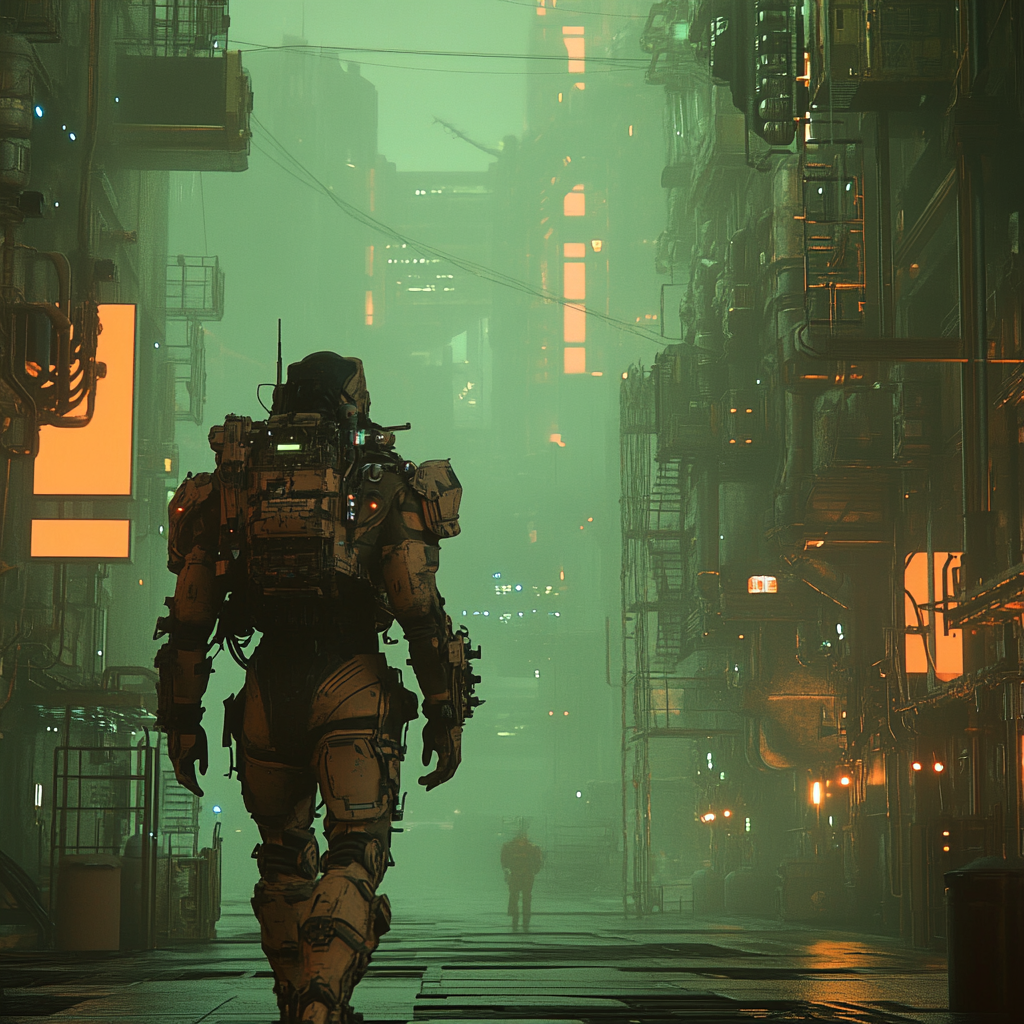 A man in mech suit walks on Venus city.