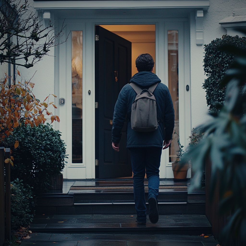 A man in modern clothes heads to work.