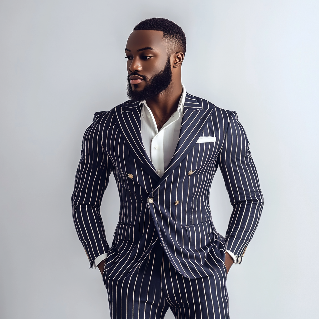 A man in navy suit with white stripes