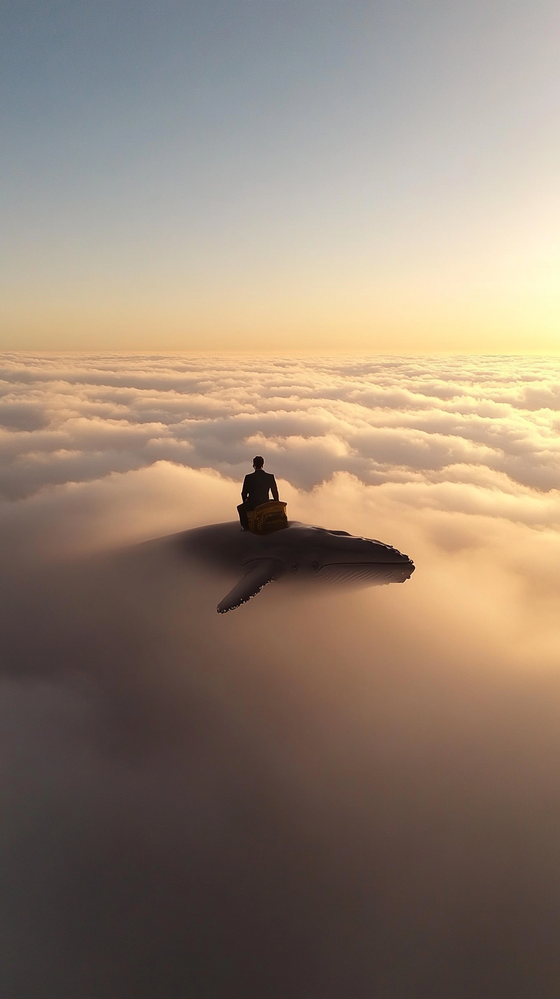 A man in old fashioned suit rides whale