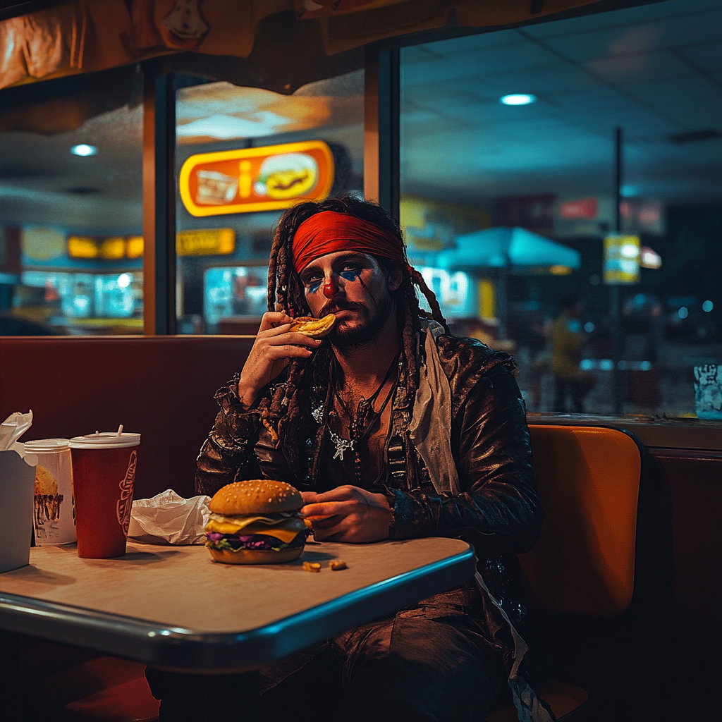 A man in pirate costume eating burger happily