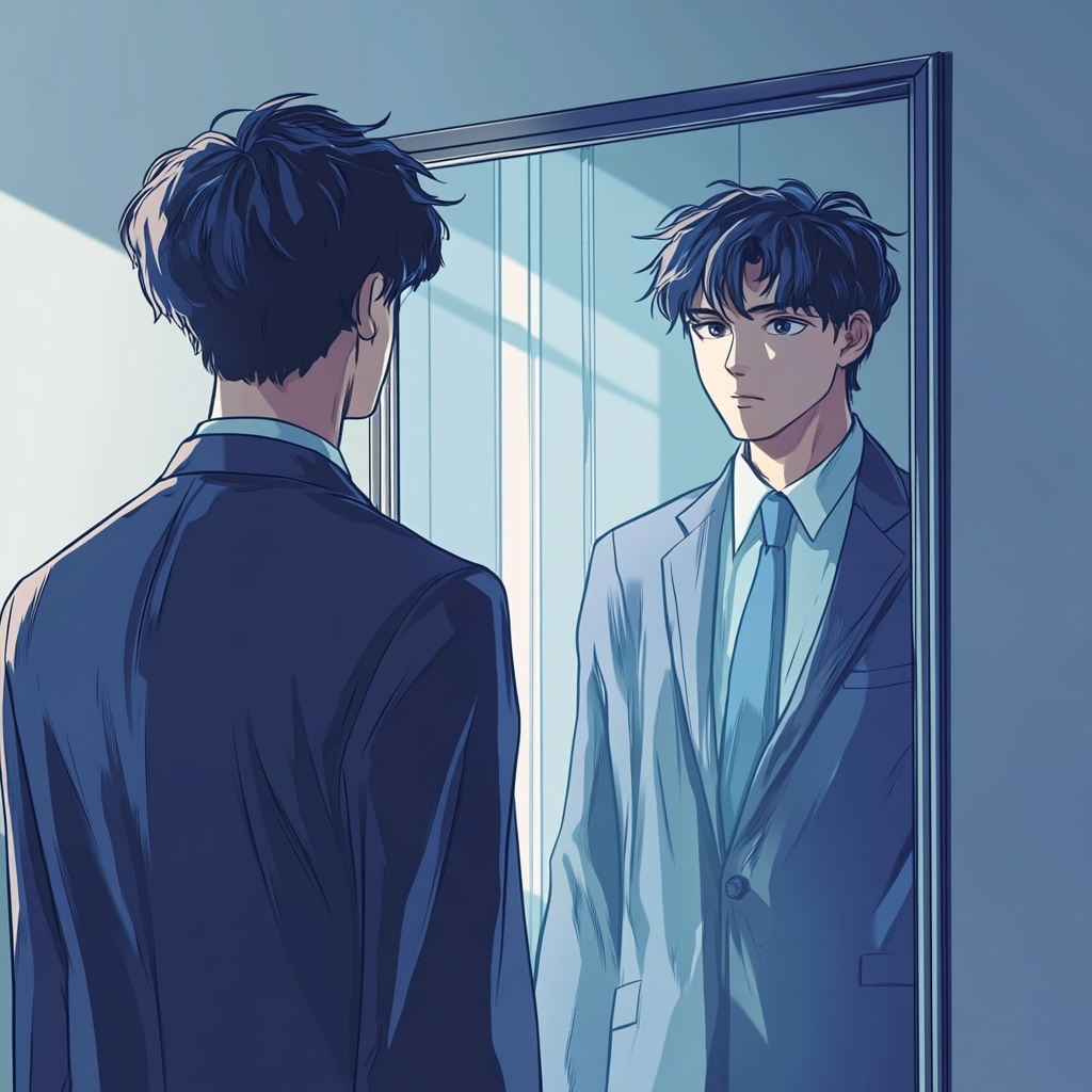 A man in suit looks in mirror, anime style.