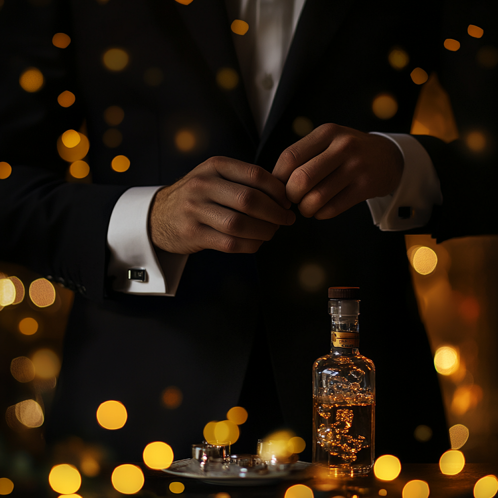 A man in suit prepares for drink, elegant setting