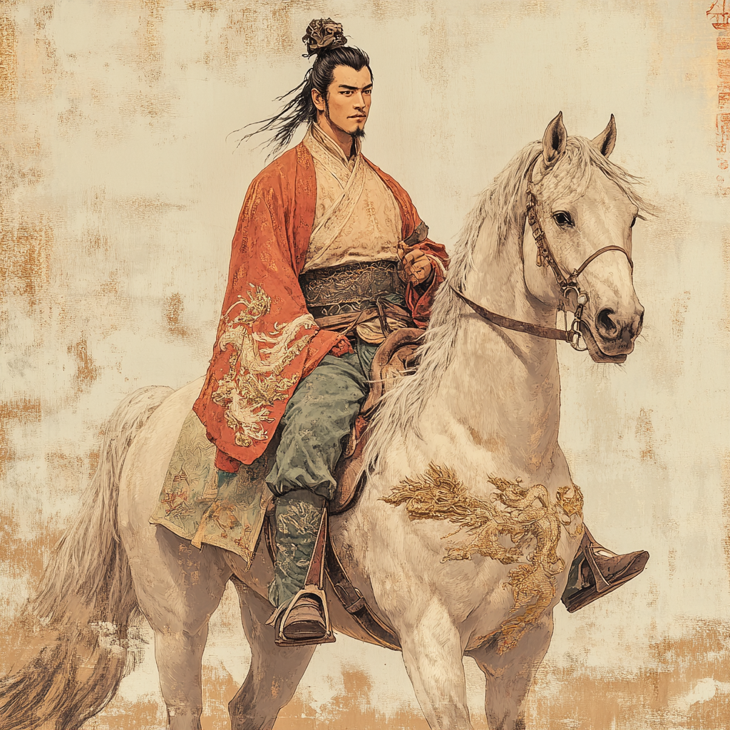 A man in traditional Chinese clothing on a horse.