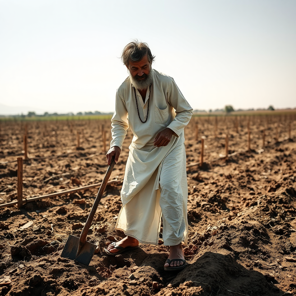 A man in white clothes works in field.