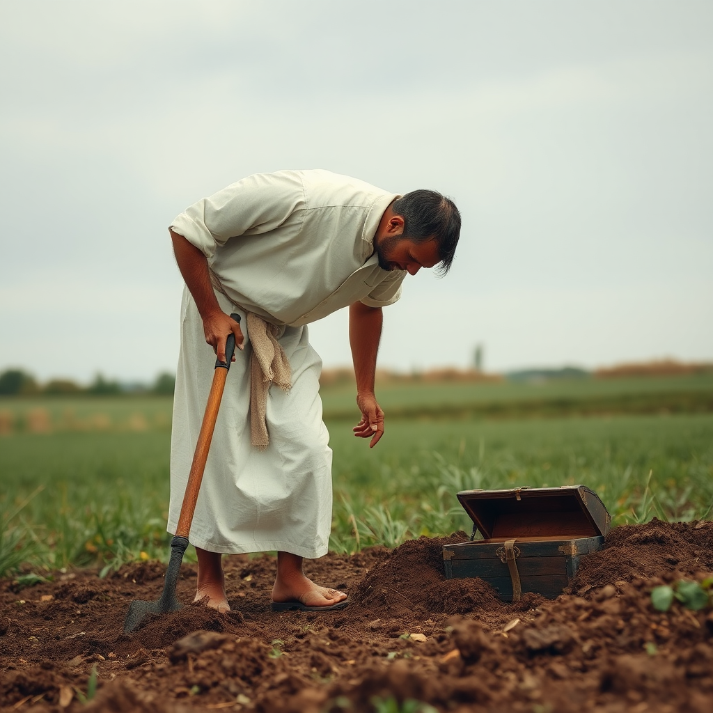 A man in white outfit finds buried treasure.