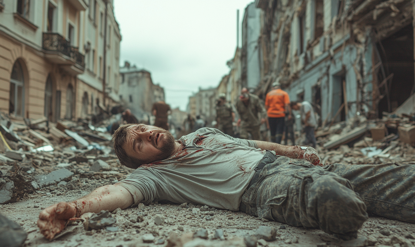 A man injured in Ukraine, devastated city street.