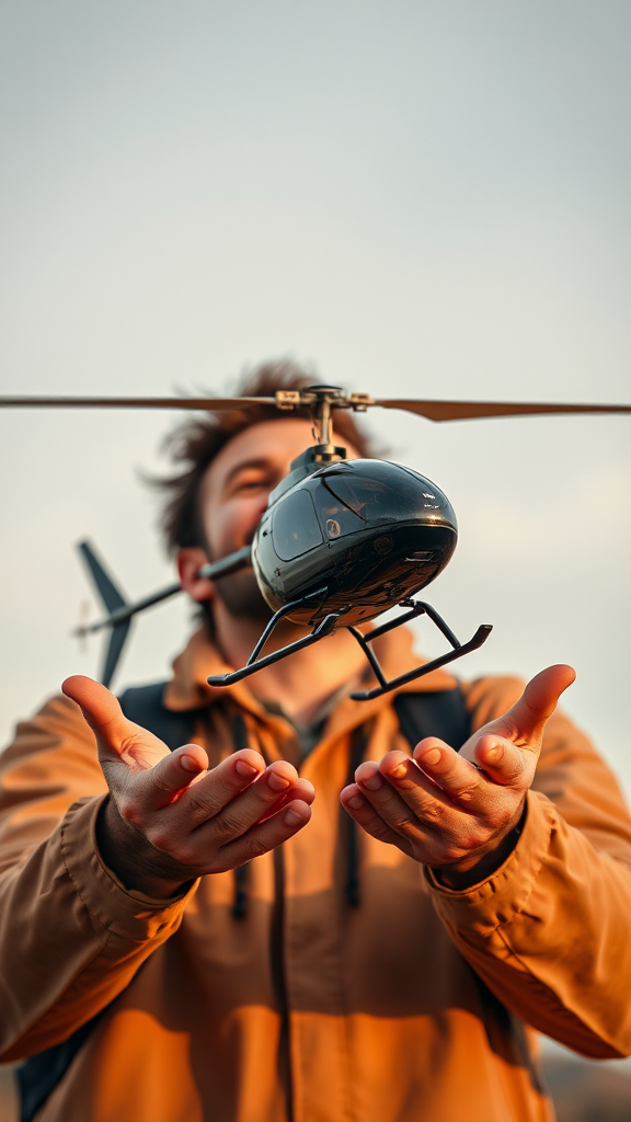 A man is happy watching helicopter fly