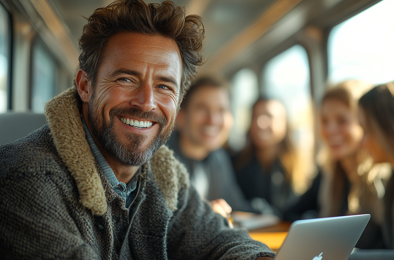 A man laughing with office workers