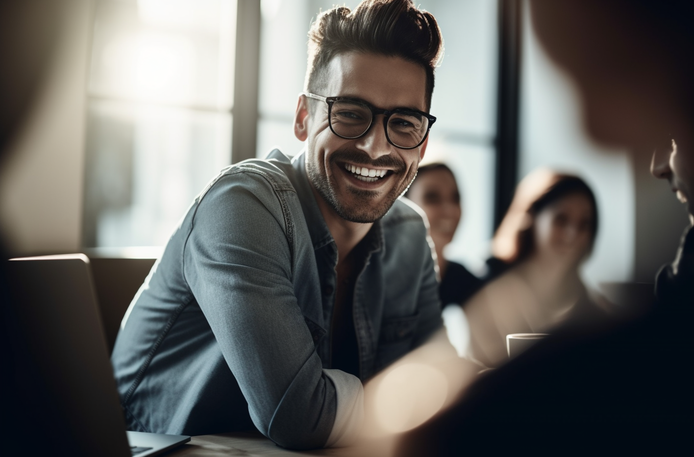 A man laughs with office workers in light