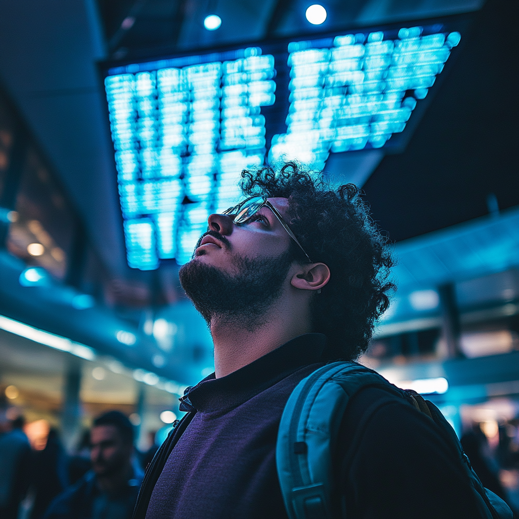 A man looks up at glowing departure board