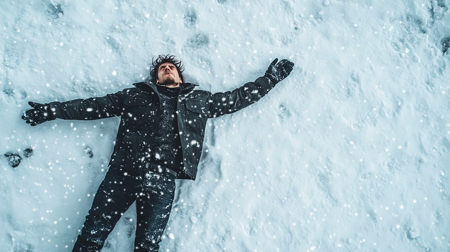 A man lying on snow in dramatic scene.