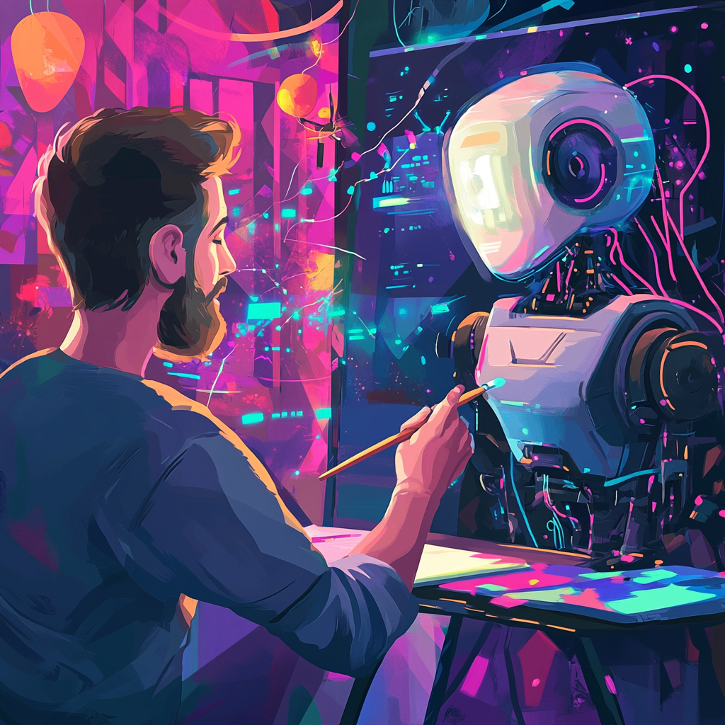 A man painting web design with AI robot.