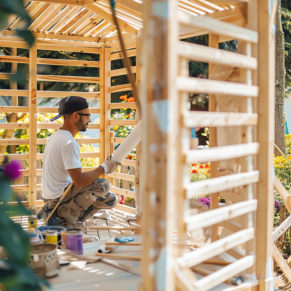 A man painting wooden garden gazebo walls.