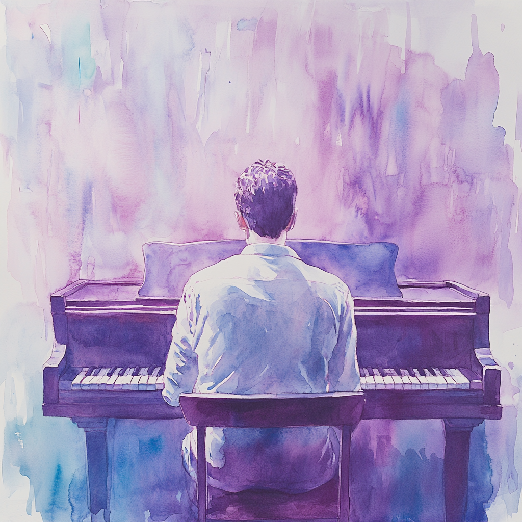 Watercolor art of a man playing Piano<br>