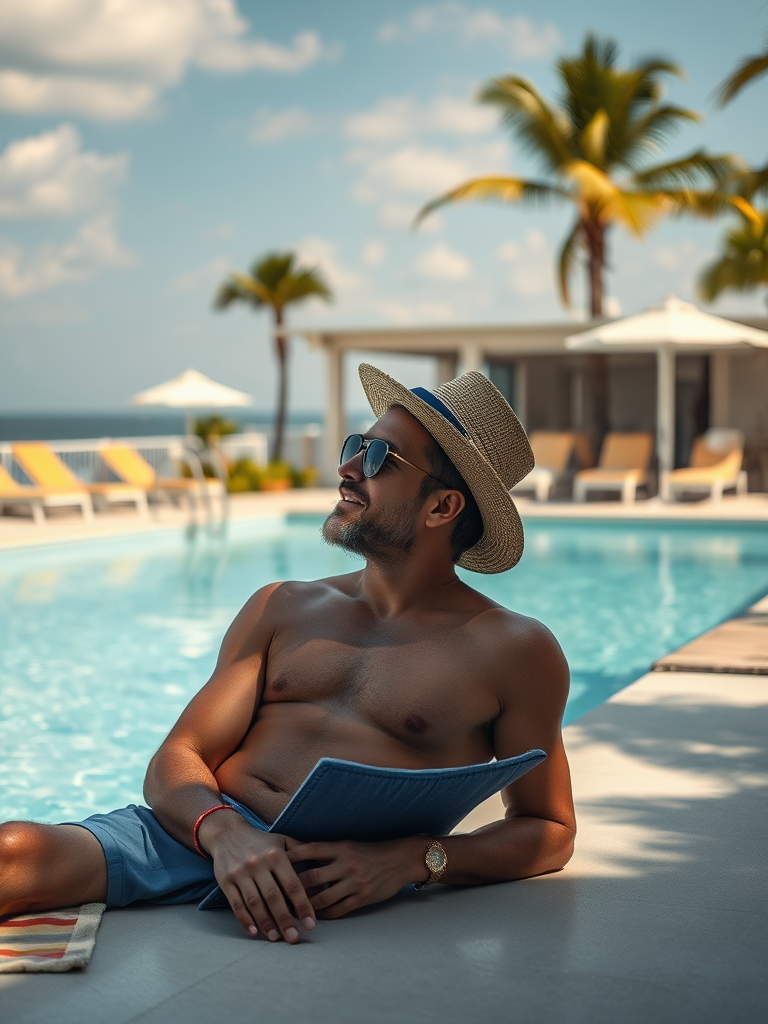 A man relaxing by the pool on vacation.