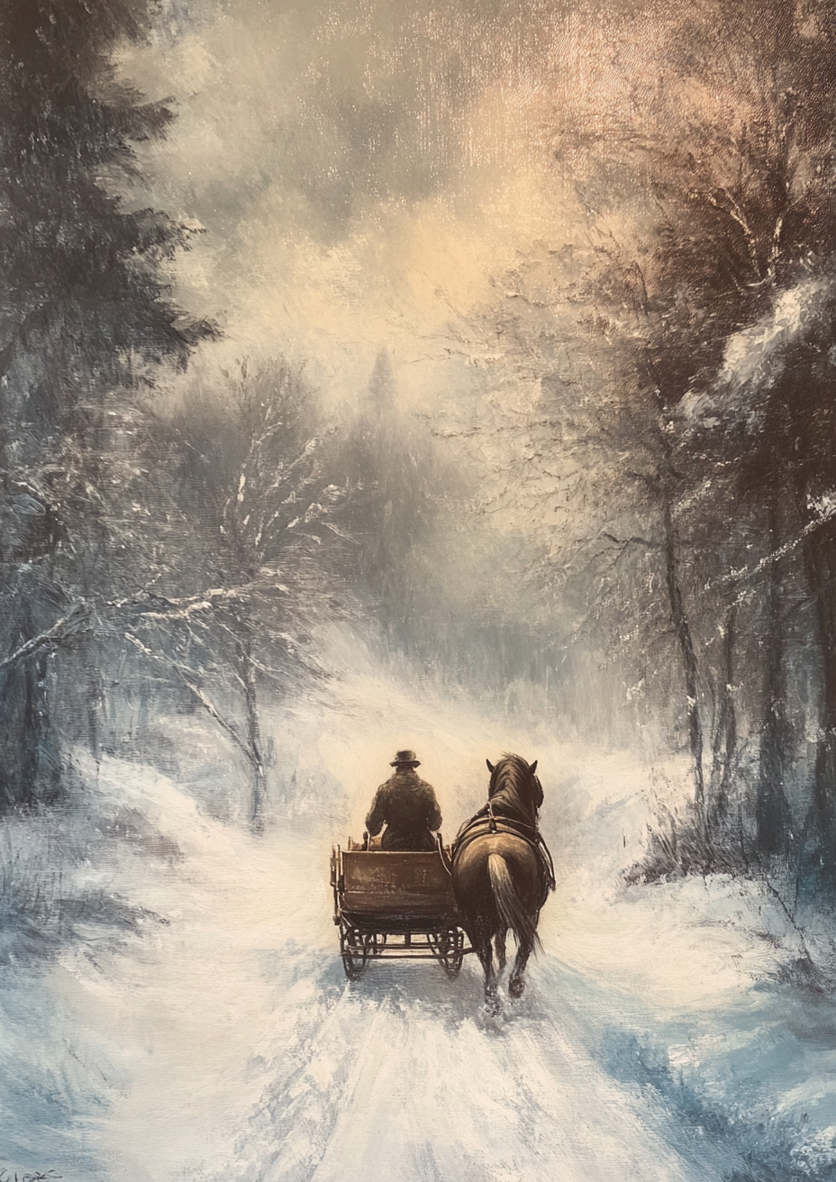 A man rides horse-drawn sleigh in winter storm.