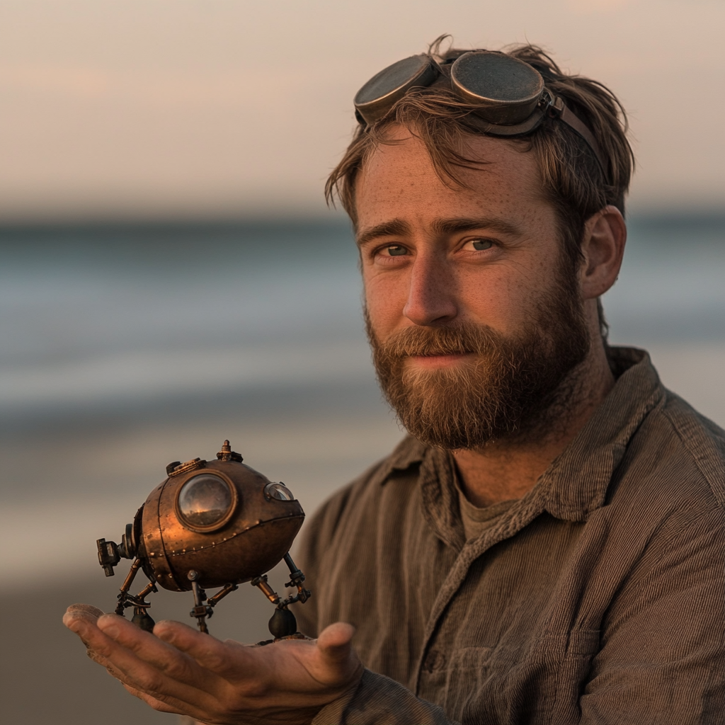 A man shows off small robotic whale on beach.