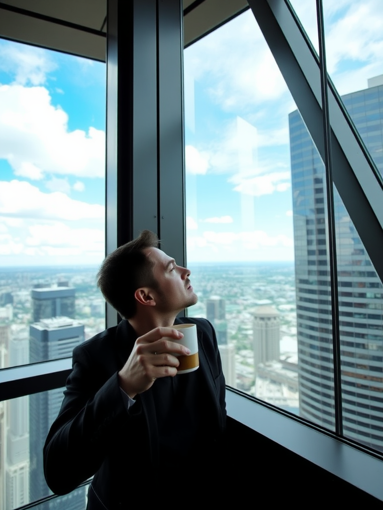 A man sips coffee, looking out of building.