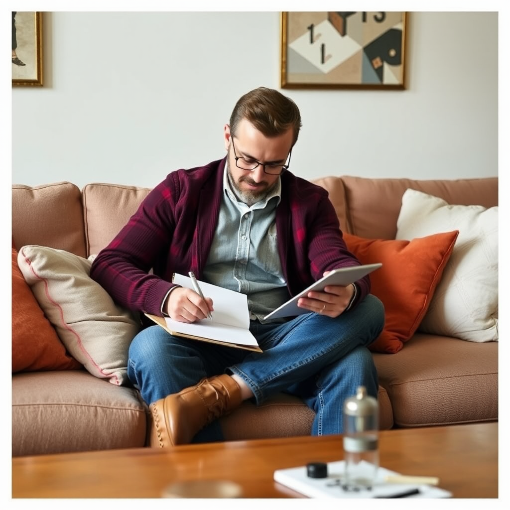 A man sitting on a sofa writing letter