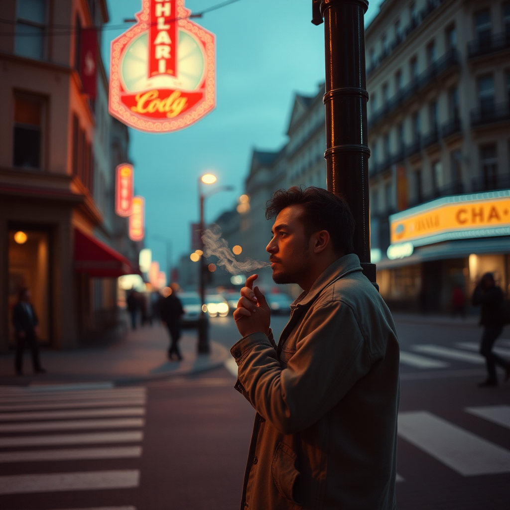 A man smoking on street corner at night.