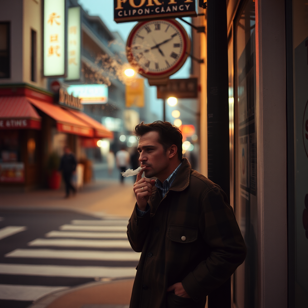 A man smoking on street corner.