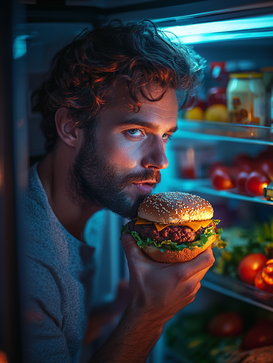 A man takes a bite from a hamburger in a bright fridge.