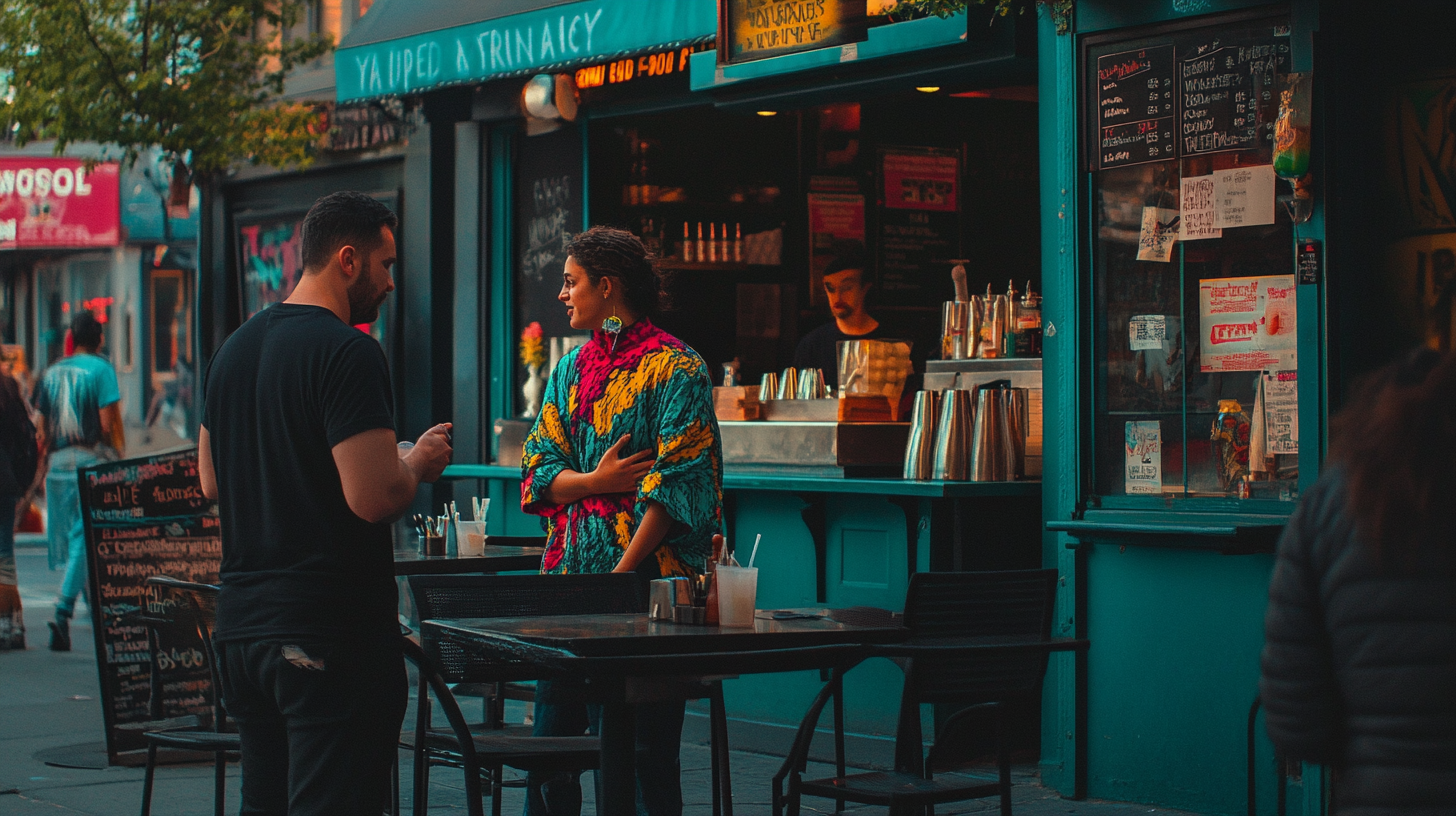 A man talking to woman in colorful clothes.