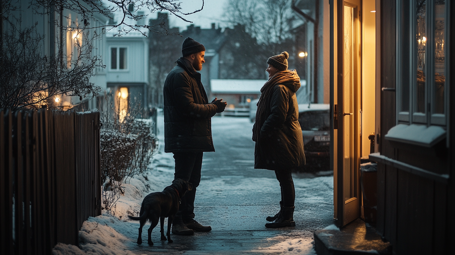 A man talks to smiling woman outside.