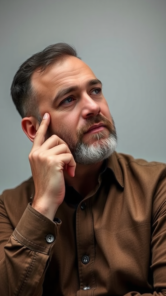 A man thinking with hand under chin.